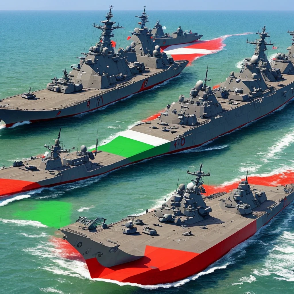 Warship with the Mexican flag with 8 turrets with four guns each with a take-off platform for fighter aircraft and 36 destroyer and battleship type missile silos