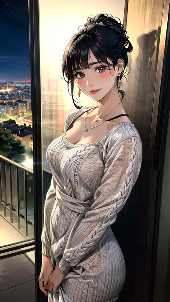 (masterpiece:1.3, Highest quality, Ultra-high resolution, Super detailed), (Realistic, photoRealistic:1.4), Beautiful illustrations, Perfect lighting, colorful, Depth of written boundary,
Beautiful detailed hair, Beautifully detailed face, Beautiful fine details, Beautiful clavicle, Beautiful body, 美しいLarge Breasts, Beautiful thighs, Beautiful feet, Beautiful fingers,
View Viewer、Front view:0.6, Beauty1人, Japanese, Beauty、30 years old, Perfect Face, (Perfect Anatomy, Anatomically correct), Cute and symmetrical face, Baby Face, , Shiny skin,
((long、Knit dress:1.4)),(pumps:1.2)
(Black Hair, Updo Hair:1.4), Dark brown eyes, Large Breasts, Slim body,
necklace, Small earrings:1.1,
(Beautiful views), (night), (city, cityscape in the distance), Standing with good posture, A soft smile、(Smile, Lips parted),