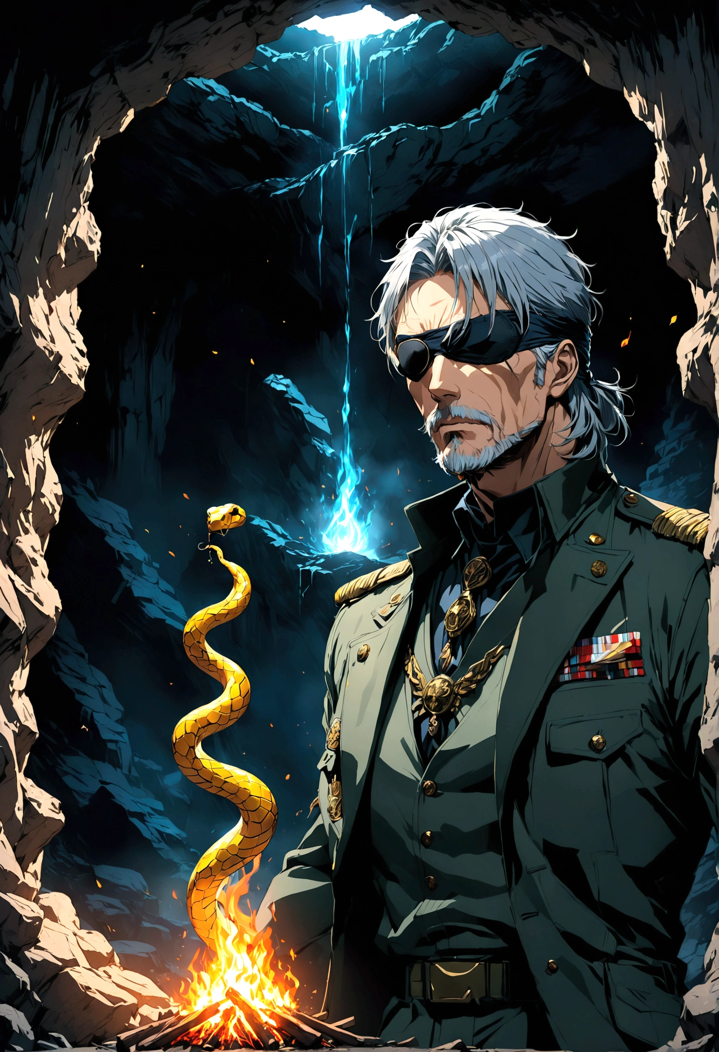 source_anime, 1boy, old man, named "Snake", soldier, "Metal Gear Solid", covered eyes, one eye patch, cave, bonfire, upper body, solo, male focus, grey hair, anime screenshot, source_anime, dramatic composition, cinematic dynamic action scene, vibrant colors, cinematic lighting, dramatic lighting, best quality, masterpiece, very aesthetic, perfect composition, intricate details, ultra-detailed