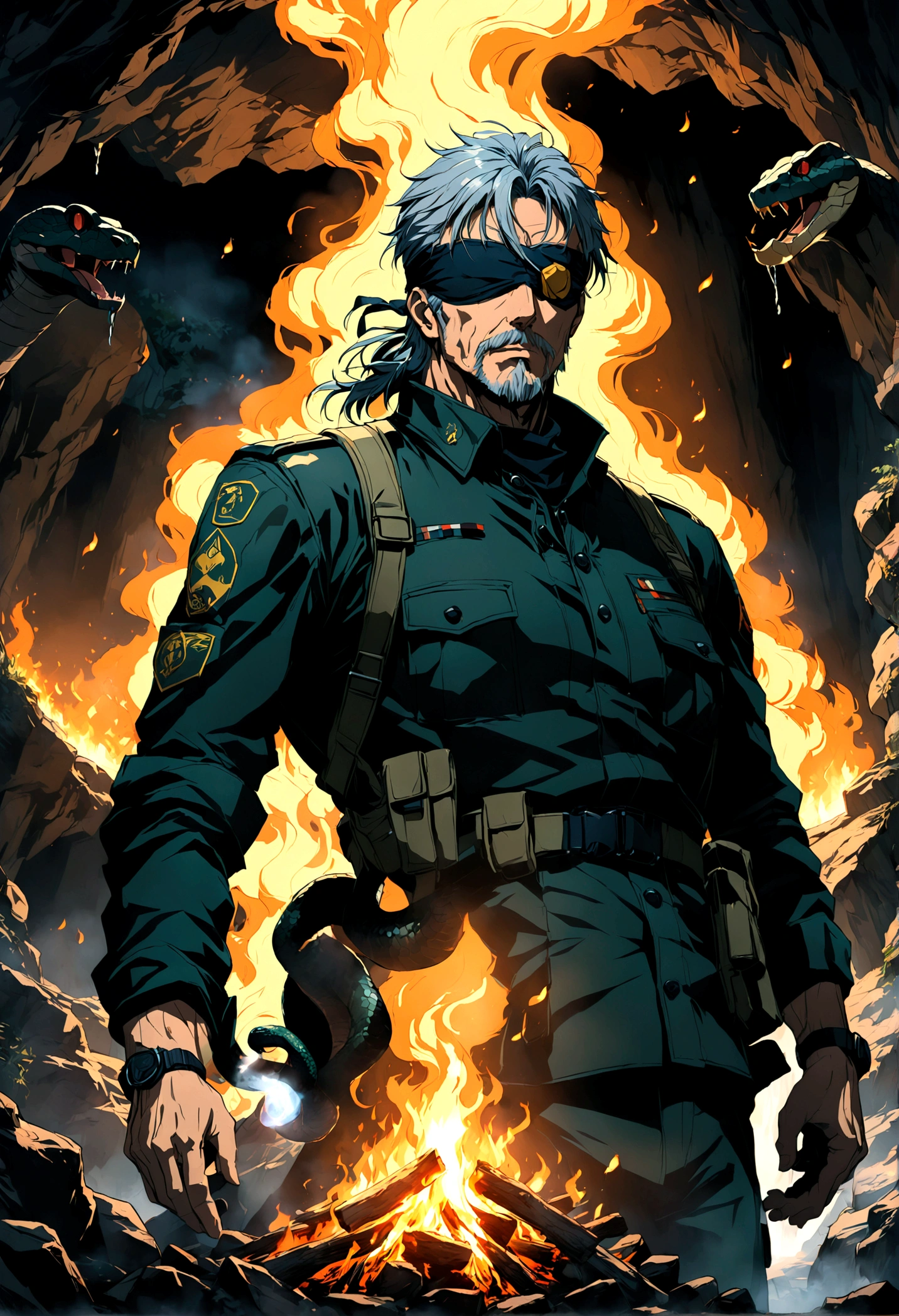 source_anime, 1boy, old man, named "Snake", soldier, "Metal Gear Solid", covered eyes, one eye patch, cave, bonfire, upper body, solo, male focus, grey hair, anime screenshot, source_anime, dramatic composition, cinematic dynamic action scene, vibrant colors, cinematic lighting, dramatic lighting, best quality, masterpiece, very aesthetic, perfect composition, intricate details, ultra-detailed