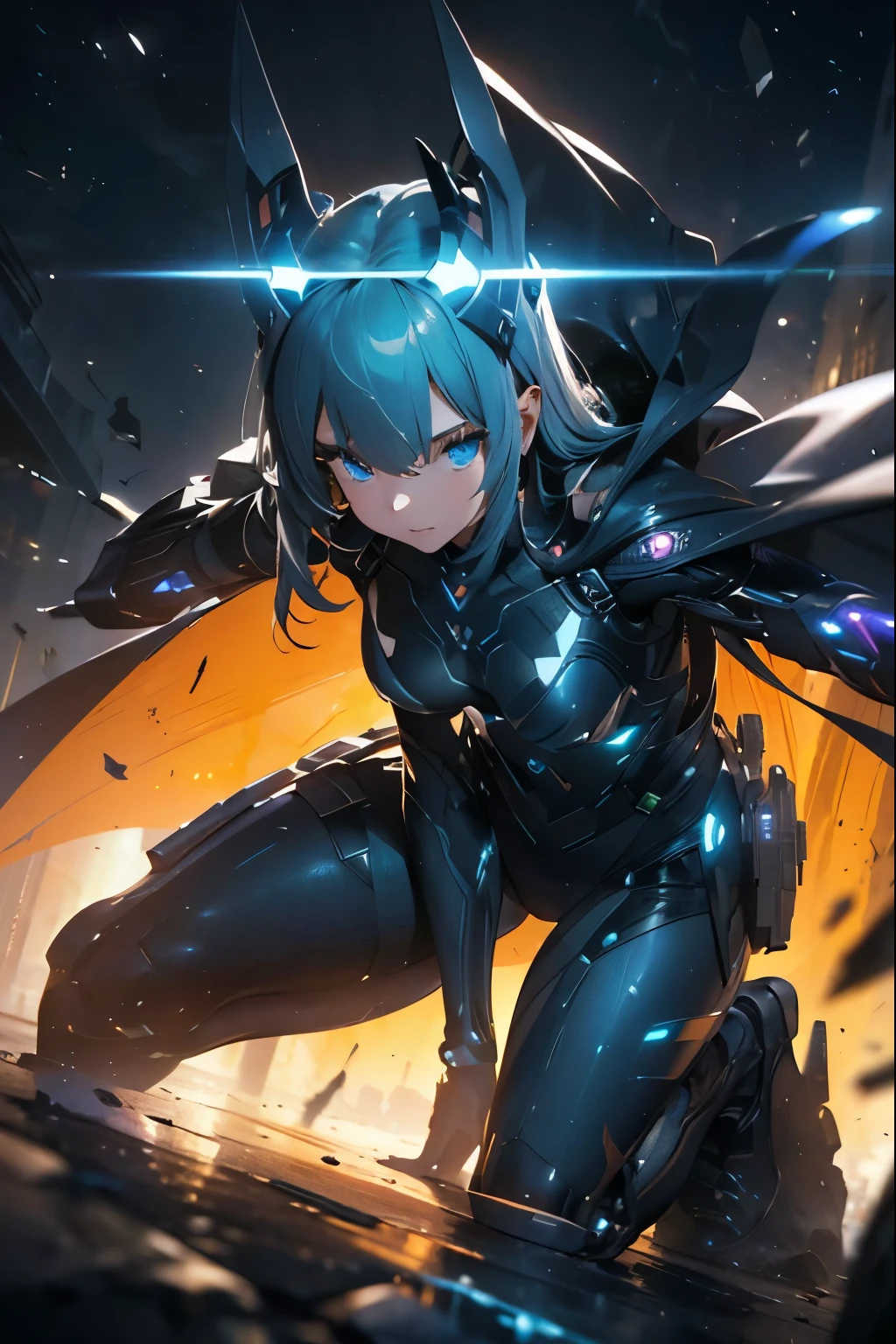 Waist up ((Extremely detailed asymmetric realistic masterpiece)) hyperrealistic masterpiece, Superhero very beauty girl ((in futuristic aesthetic style)) in extremely detailed tech plugsuit, cinematic illumination: 8k, glowing, concept art, smooth, sharp focus, illustration