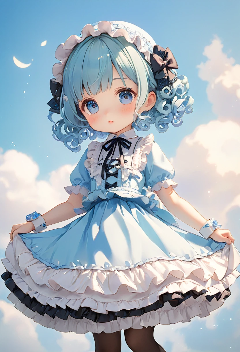 Sky blue short curly hair，Lolita Skirt，cute，detail，Q version，小巧cute，Front view