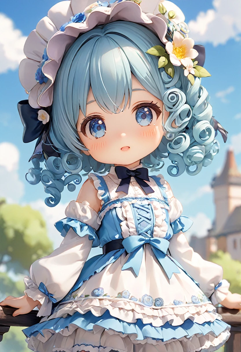 Sky blue short curly hair，****ta Skirt，cute，detail，Q version，小巧cute，Front view