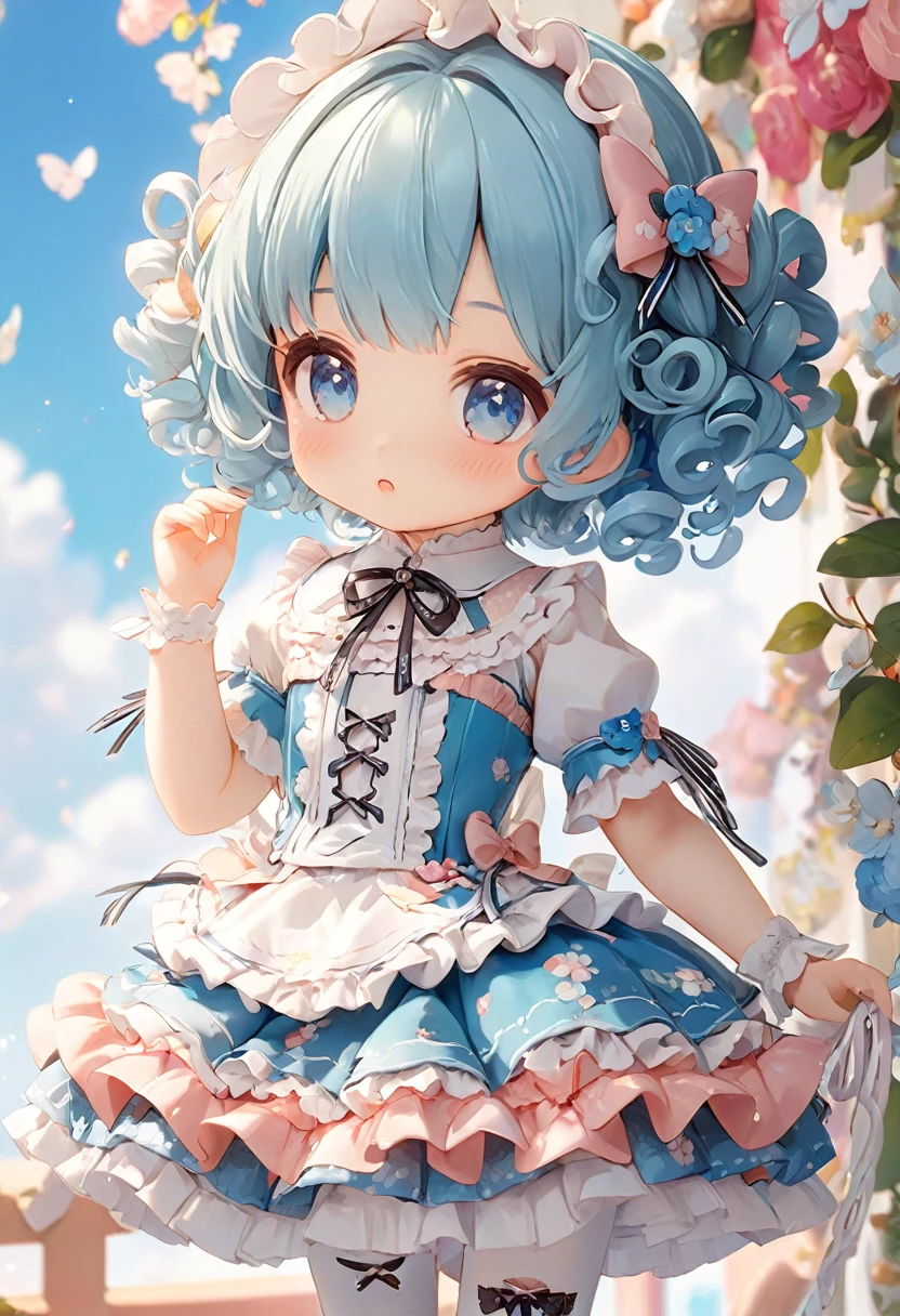 Sky blue short curly hair，****ta Skirt，cute，detail，Q version，小巧cute，Front view