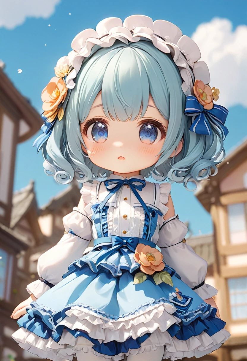 Sky blue short curly hair，****ta Skirt，cute，detail，Q version，小巧cute，Front view