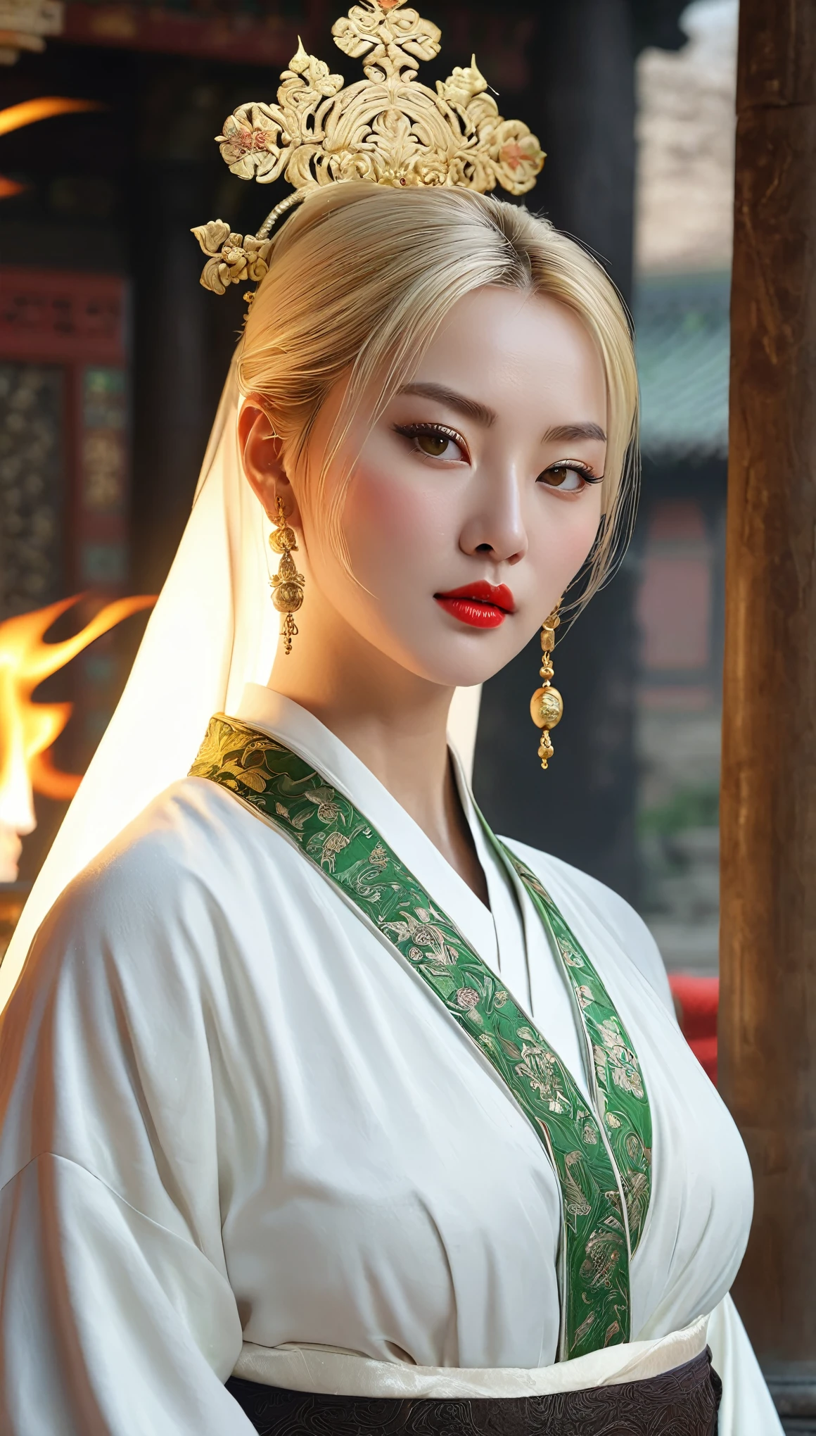 (((Hyper Real)))、(((A 30-year-old white female monk from ancient Europe)))、(((Beautiful female priest))) Mature middle-aged woman、(((Big big boobs)))、Fine skin、Beautiful plump middle-aged woman、(Fine green eyes)、Blonde fluffy long hair、{(Ancient ornate and luxurious temple)、(Many torches are burning)}、(((Big big cleavage)))、Big Ass、Red lips、(((luxurious costumes and luxurious accessories)))、