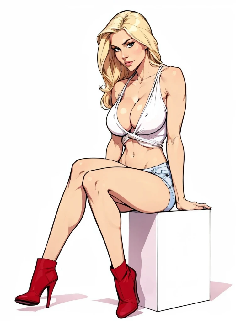 Flat colors, full body, portrait of sexy blonde women, natural beaty, beautiful, casual, double D breasts, clevage, combat boots,
simply white background