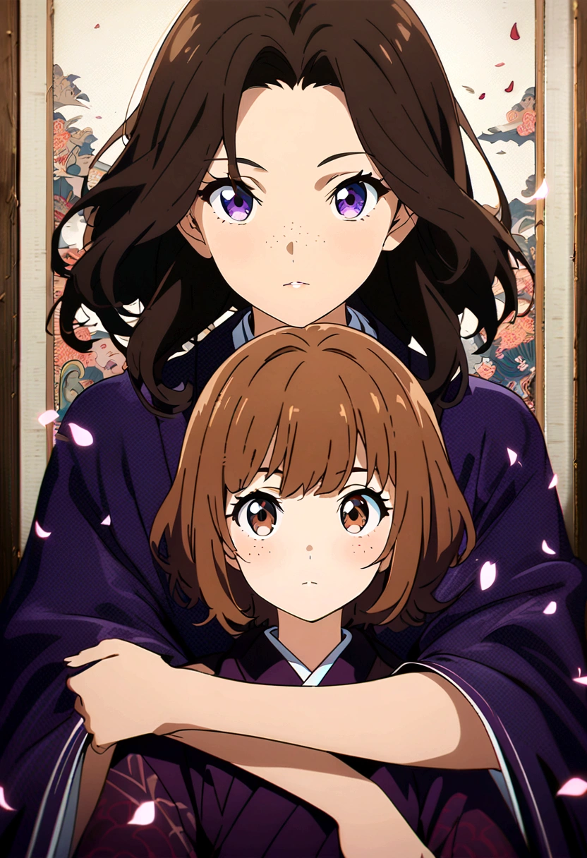 beautiful anime girls, two girls hugging, short wavy brown hair, freckles. Dark purple robes, long skirt, petals, samurai, dark eyelashes, perfect eyes, perfect face, intricate, intricate details, epic, character portrait, cinematic portrait, anime, anime art