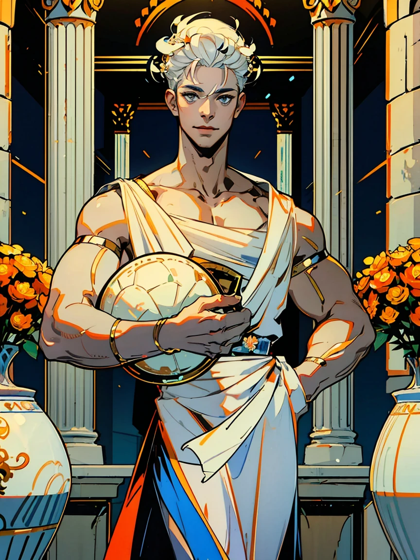 1boy, alone, 25 years old, young, white hair, blue eyes, insister sur les reflets des yeux bleus, cheveux blancs, mid lenght hair, bowl haircut, bowl hair cut, boss, formal business outfit, white outfit, white clothes, raising an eyebrow, smiling, hades style, hades game, Jen zee style, greek themed image, greek background, hypnos, tartarus scenery, fumes, greek columns in background, lots of columns, greek architecture, white themed image, white furniture, orange touches of color, orange walls, looking at viewer, holding an urn of value hades game wiki obols, hades, game, wiki, obols