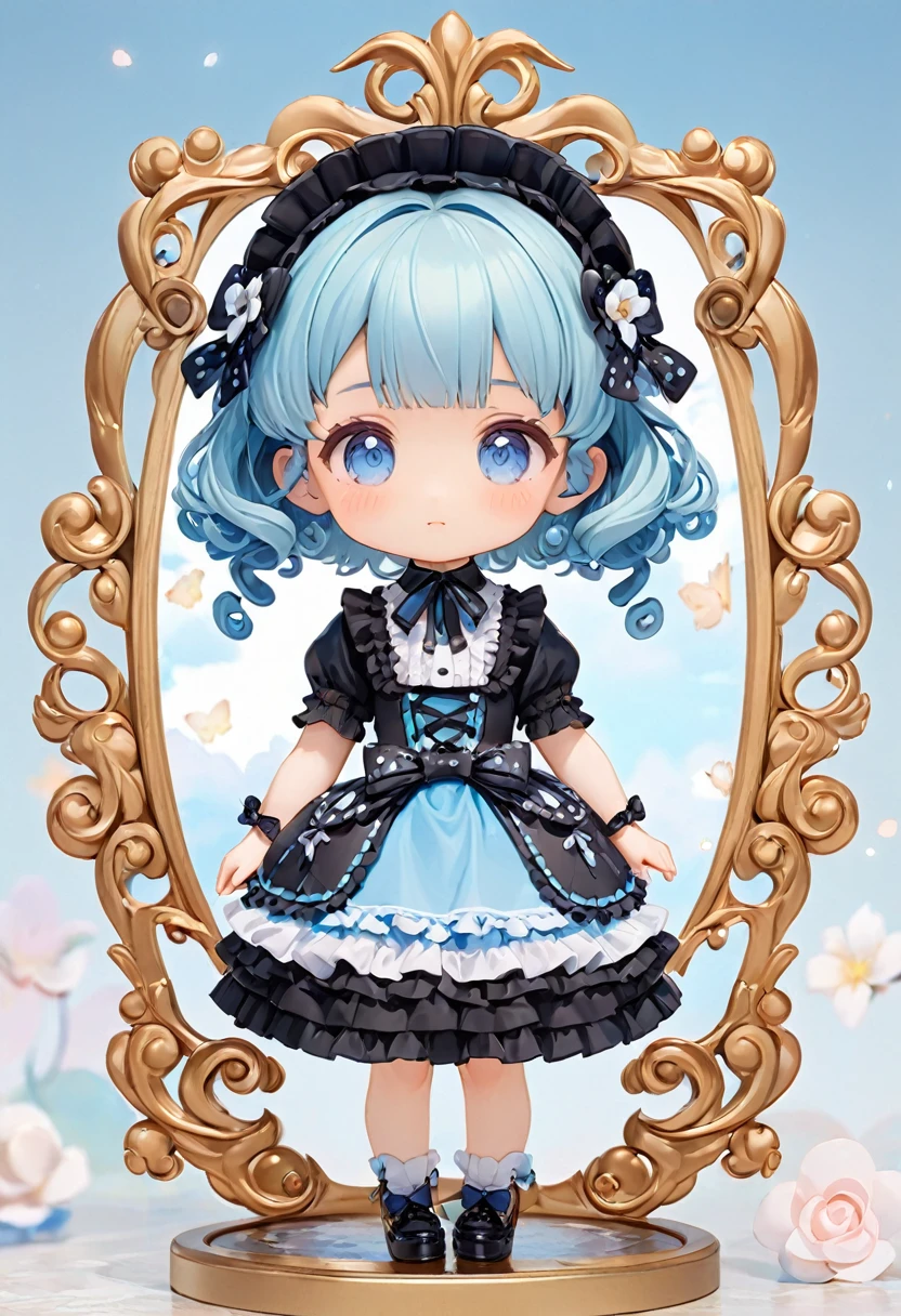 Sky blue short curly hair，Lolita Skirt，cute，detail，Q version，小巧cute，Front view，whole body