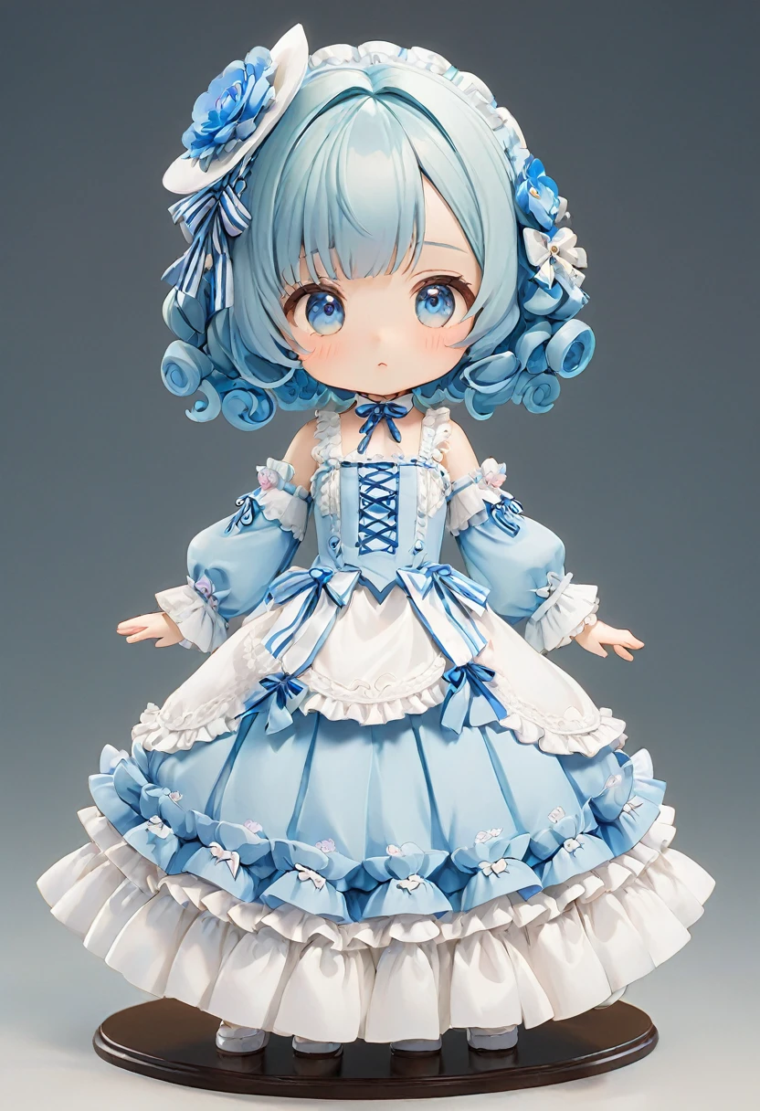 Sky blue short curly hair，Lolita Skirt，cute，detail，Q version，小巧cute，Front view，whole body