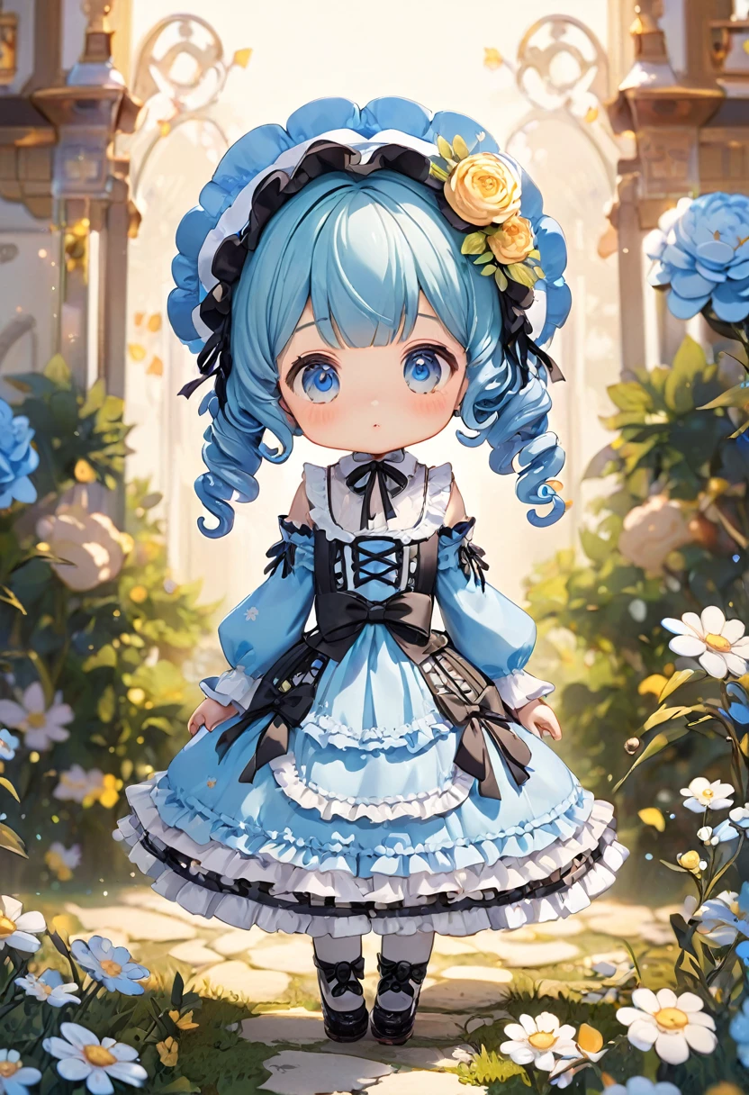 Sky blue short curly hair，****ta Skirt，cute，detail，Q version，小巧cute，Front view，whole body