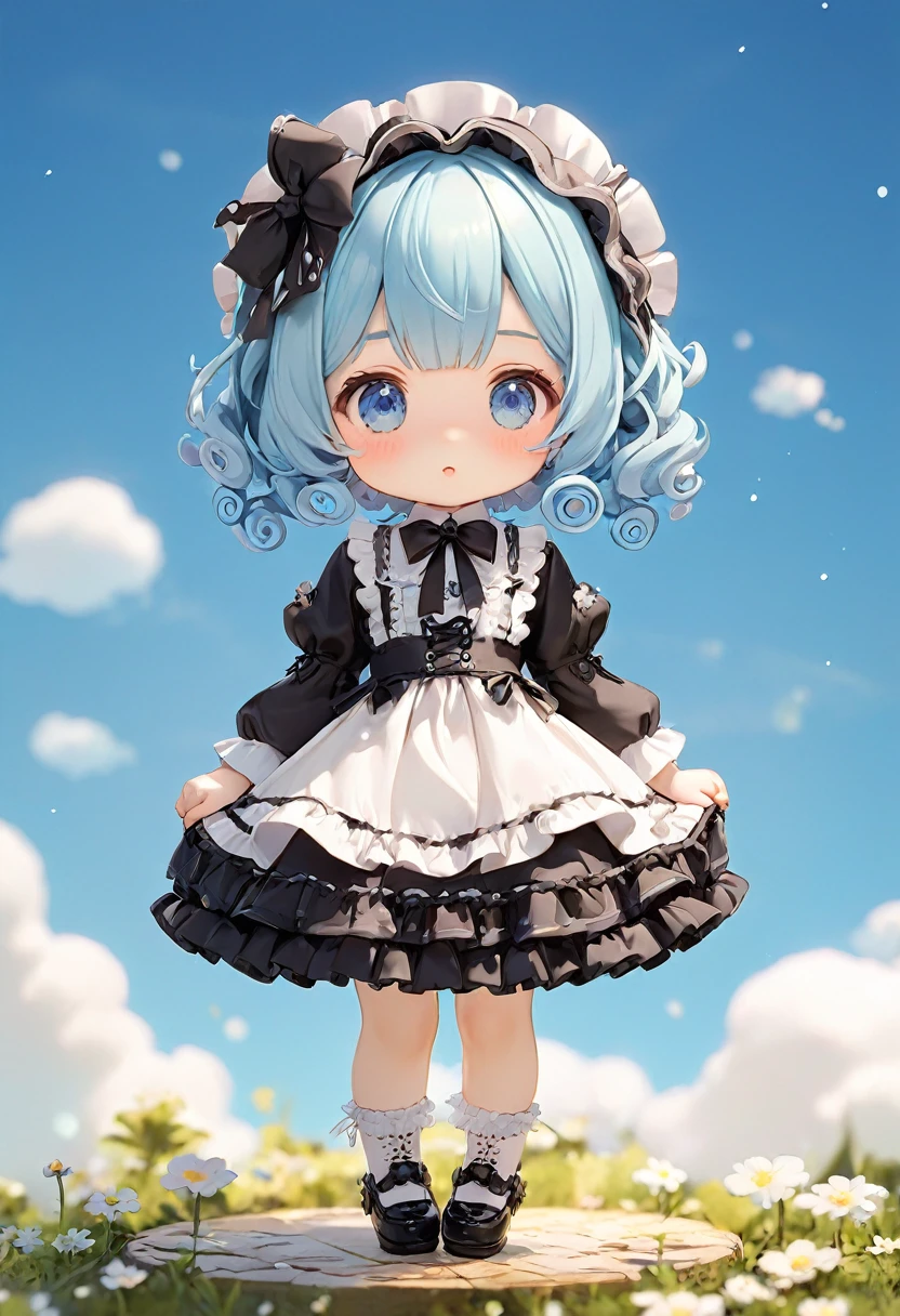 Sky blue short curly hair，****ta Skirt，cute，detail，Q version，小巧cute，Front view，whole body