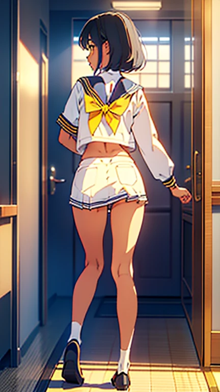 masterpiece, best quality, dark skin, short hair, yellow eyes, black hair, beautiful girl, thin, full body, cute white sailor uniform, plan boobs, short boobs, small boobs, ((short chest)), ((big butt)), ((wide thigh)), front perspective, eating pizza, japanese school facilities