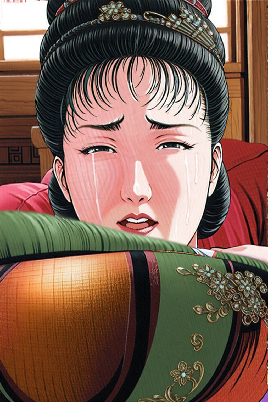 (best quality), (very aesthetic), (ultra-detailed), (best illustration),(a mature female),(perfect face),Suikoden,Mrs. Lin,(((NSFW))),((full_body)),((full_nude)),(crying),Covers mouth with right hand,red cheek,sweating,skinny,flushed skin,(hairly),(Missionary position sex),(resting the back of her head on a pillow),(She is lying face up on chinese traditional bed room),over head view