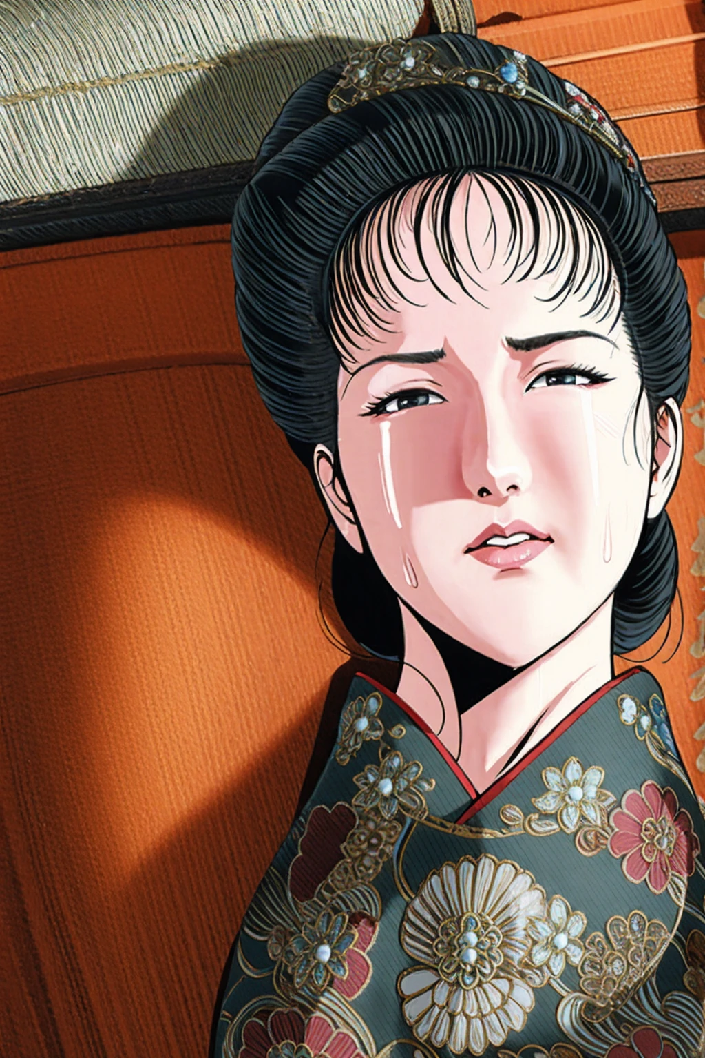 (best quality), (very aesthetic), (ultra-detailed), (best illustration),(a mature female),(perfect face),Suikoden,Mrs. Lin,(((NSFW))),((full_body)),((full_nude)),(crying),Covers mouth with right hand,red cheek,sweating,skinny,flushed skin,(hairly),(Missionary position sex),(resting the back of her head on a pillow),(She is lying face up on chinese traditional bed room),over head view