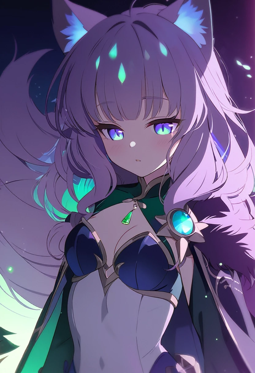 A stunningly beautiful cat girl, her feline features perfectly blended with the alluring curves of a human form. Her fur is a lustrous shade of sapphire blue, silky and soft to the touch. Her eyes glow with an otherworldly iridescence, constantly shifting between vivid shades of emerald green and amethyst purple. Her cat ears perk atop her head, twitching with interest as she focuses on something just out of view.