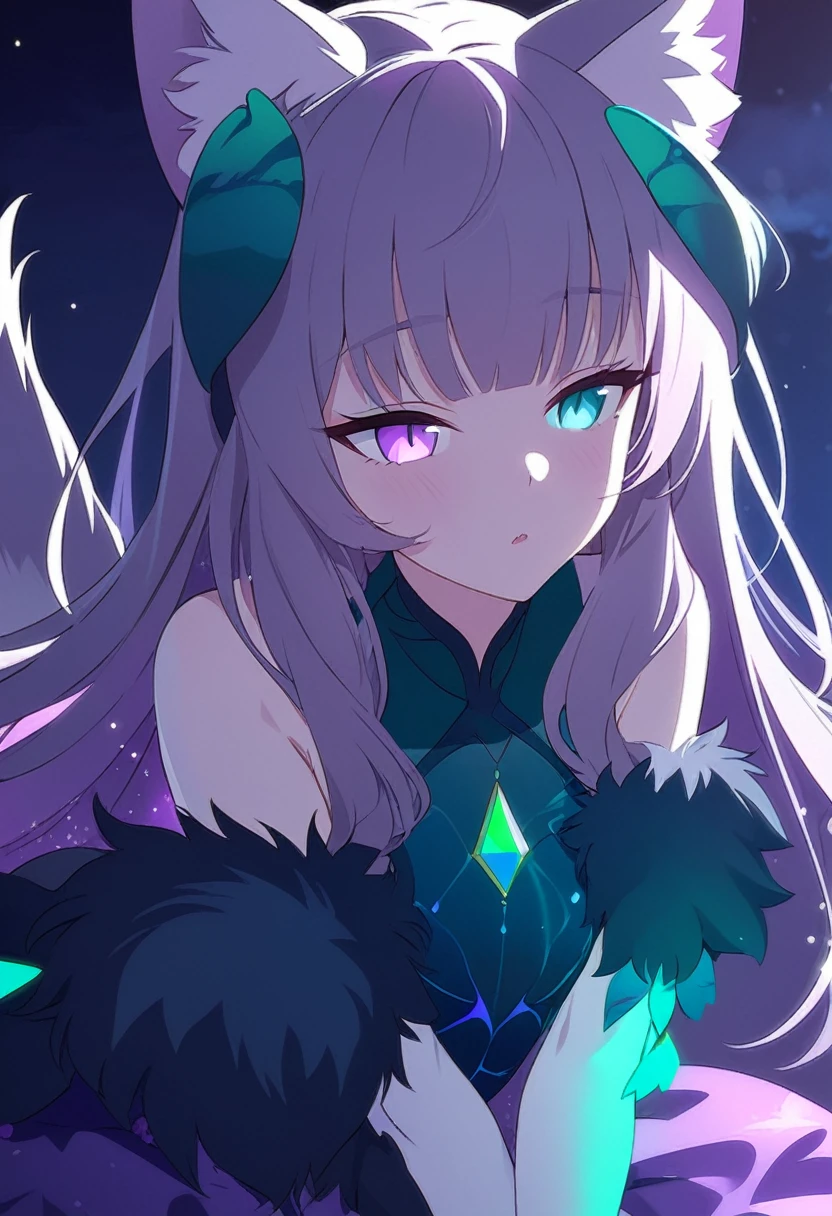 A stunningly beautiful cat girl, her feline features perfectly blended with the alluring curves of a human form. Her fur is a lustrous shade of sapphire blue, silky and soft to the touch. Her eyes glow with an otherworldly iridescence, constantly shifting between vivid shades of emerald green and amethyst purple. Her cat ears perk atop her head, twitching with interest as she focuses on something just out of view.