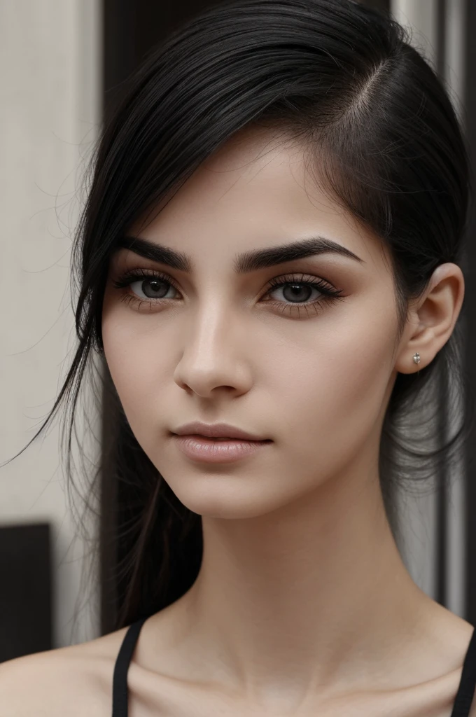 A pale-skinned human woman, slanted black eyes and long eyelashes, cejas finas de color negro, cabello largo de color negro y usa un flequillo que cubre sus cejas, es delgada y tiene labios gruesos naturalmente sonrosados.