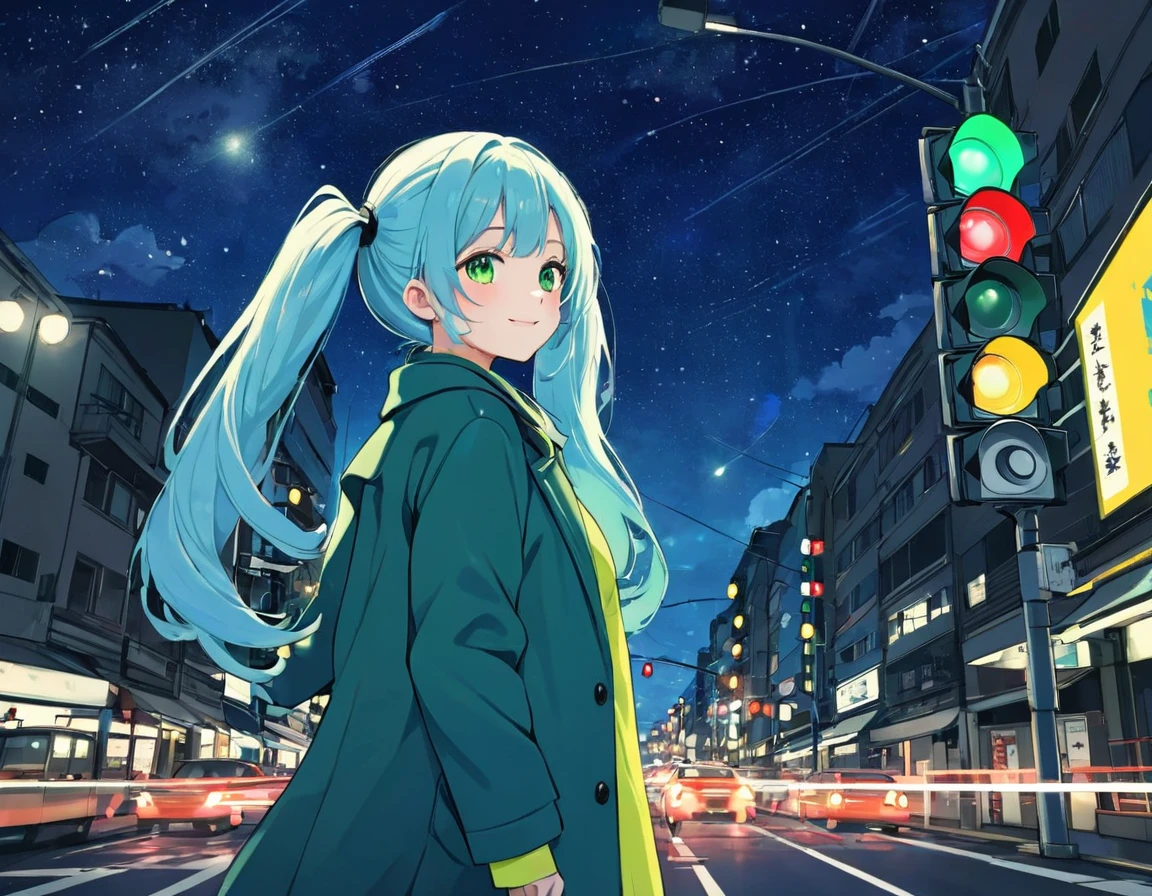 In the town、Traffic lights flashing blue against the night sky、Traffic lights floating in the sky、Light blue long hair、Beautiful girl with twin tails、Bright smile、Green long coat、The traffic light is flashing blue、 Moonlit Night、Starry Sky、Face Highlights、Lo-fi art style, Nostalgic and melancholic artwork,