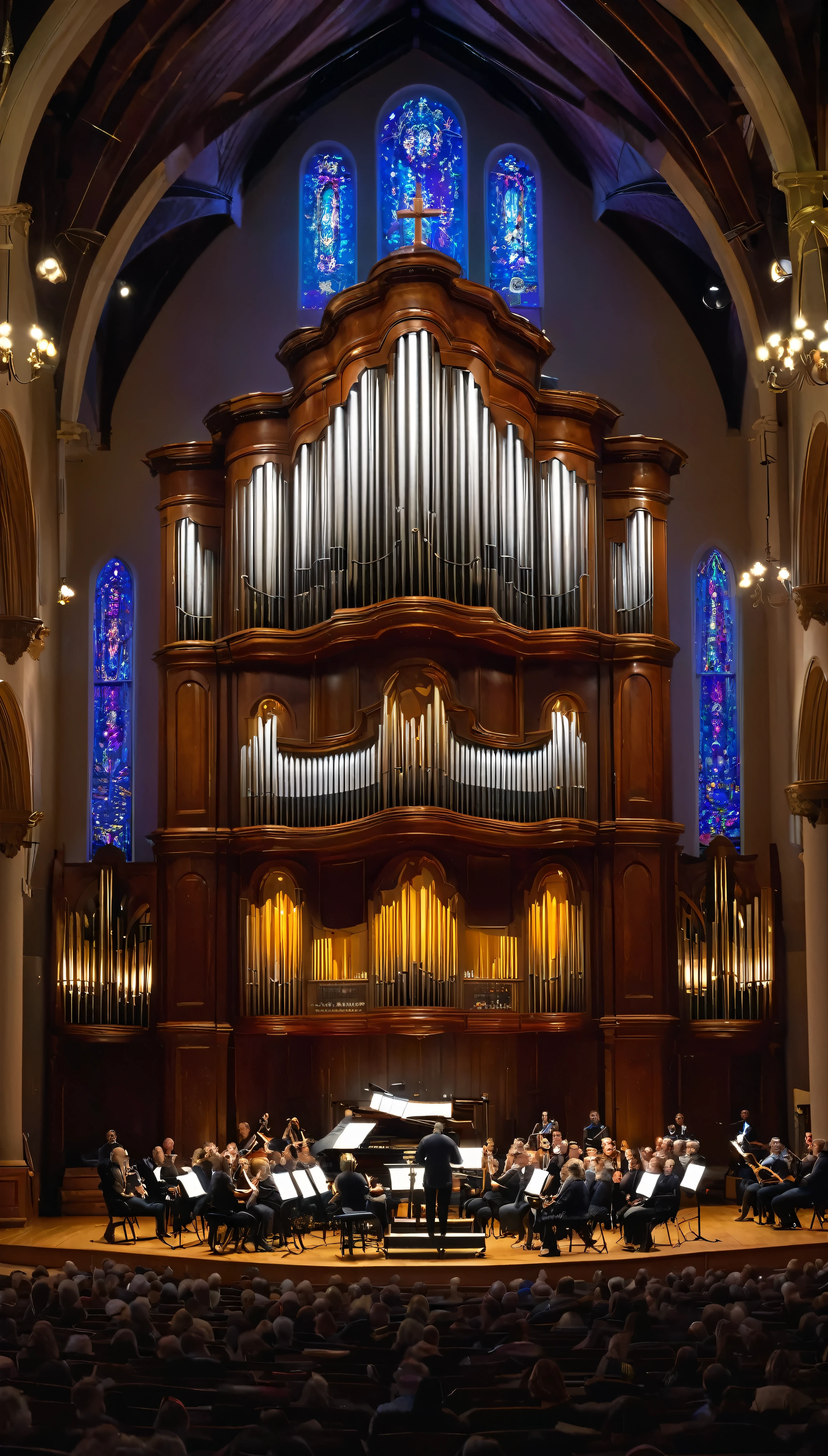 image:8K ultra-high resolution、The solemn and sacred atmosphere of the pipe organ concert ELP Live(masterpiece、Meticulous craftsmanship、Good handling of light、Splendor、Detailed background design、Powerful、The film falls) Emily Lee Pett(Emily Lynne Petter)In the scene of the pipe organ concert with piano,、 Church in Elizabethtown, Pennsylvania