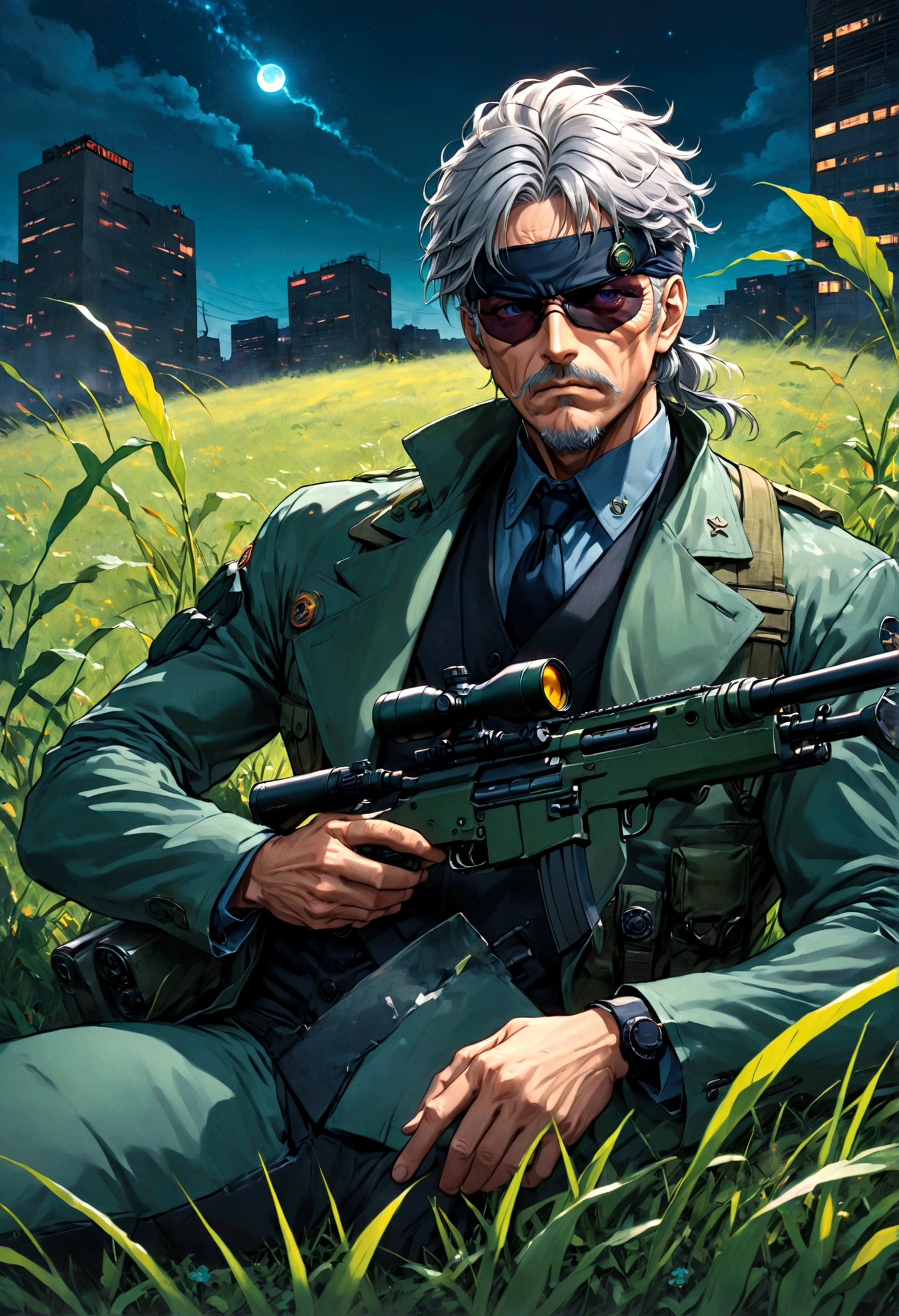 source_anime, 1boy, old man, named "Snake", soldier, "Metal Gear Solid", covered eyes, one eye patch, Lying in the grass, aiming with a sniper rifle, upper body, solo, male focus, grey hair, anime screenshot, source_anime, dramatic composition, cinematic dynamic action scene, vibrant colors, cinematic lighting, dramatic lighting, best quality, masterpiece, very aesthetic, perfect composition, intricate details, ultra-detailed