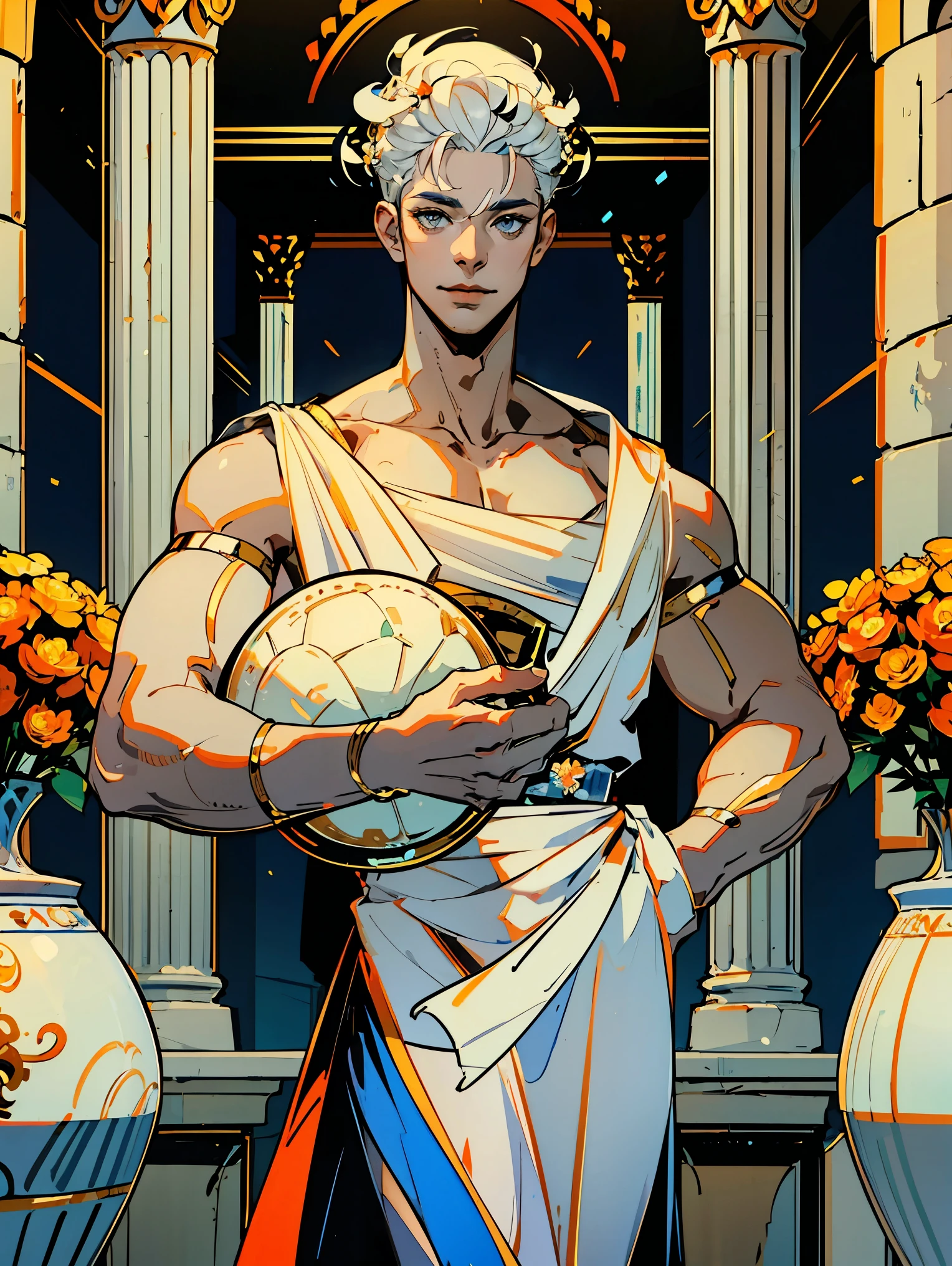 1boy, alone, 25 years old, young, white hair, blue eyes, insister sur les reflets des yeux bleus, cheveux blancs, mid lenght hair, bowl haircut, bowl hair cut, boss, formal business outfit, white outfit, white clothes, raising an eyebrow, smiling, hades style, hades game, Jen zee style, greek themed image, greek background, hypnos, tartarus scenery, fumes, greek columns in background, lots of columns, greek architecture, white themed image, white furniture, orange touches of color, orange walls, looking at viewer, holding an urn of value hades game wiki obols, hades, game, wiki, obols