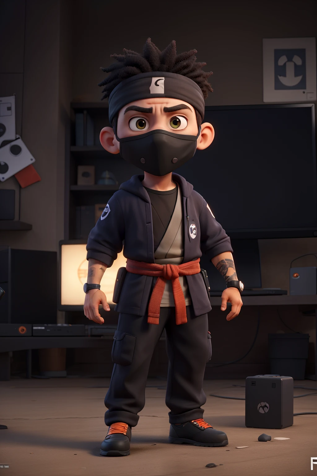 Ninja, 8k resolution, black shinobi with orange details, Holding a gaming keyboard, Black mask hiding the face