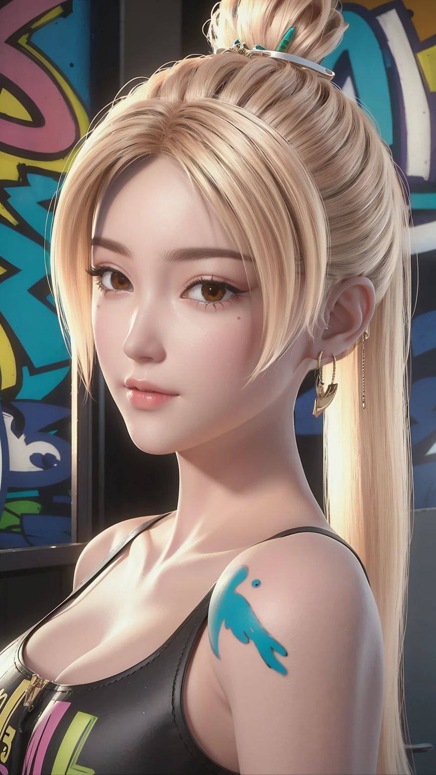(best quality), masterpiece, Extremely detailed CG8K illustrations, High Color, Extremely High Color saturation, All colors are deepened, , Graffiti Art, Central Composition, Extremely detailed lighting, Graffiti Wall, Walls painted bright colors, 1 girl graffiti 1 girl looking at the wall, Very detailed face and eyes, Medium Length Hair, Sportswear, Colorful Clouds