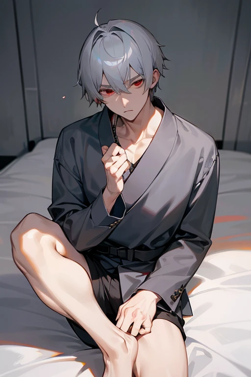 male、Gray Hair、Short Hair、Red Eye、Cold-blooded man、Handsome、Waking up、Sit on the bed、A lazy face、Pale expression、