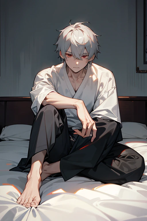 male、Gray Hair、Short Hair、Red Eye、Cold-blooded man、Handsome、Waking up、Sit on the bed、A lazy face、Pale expression、