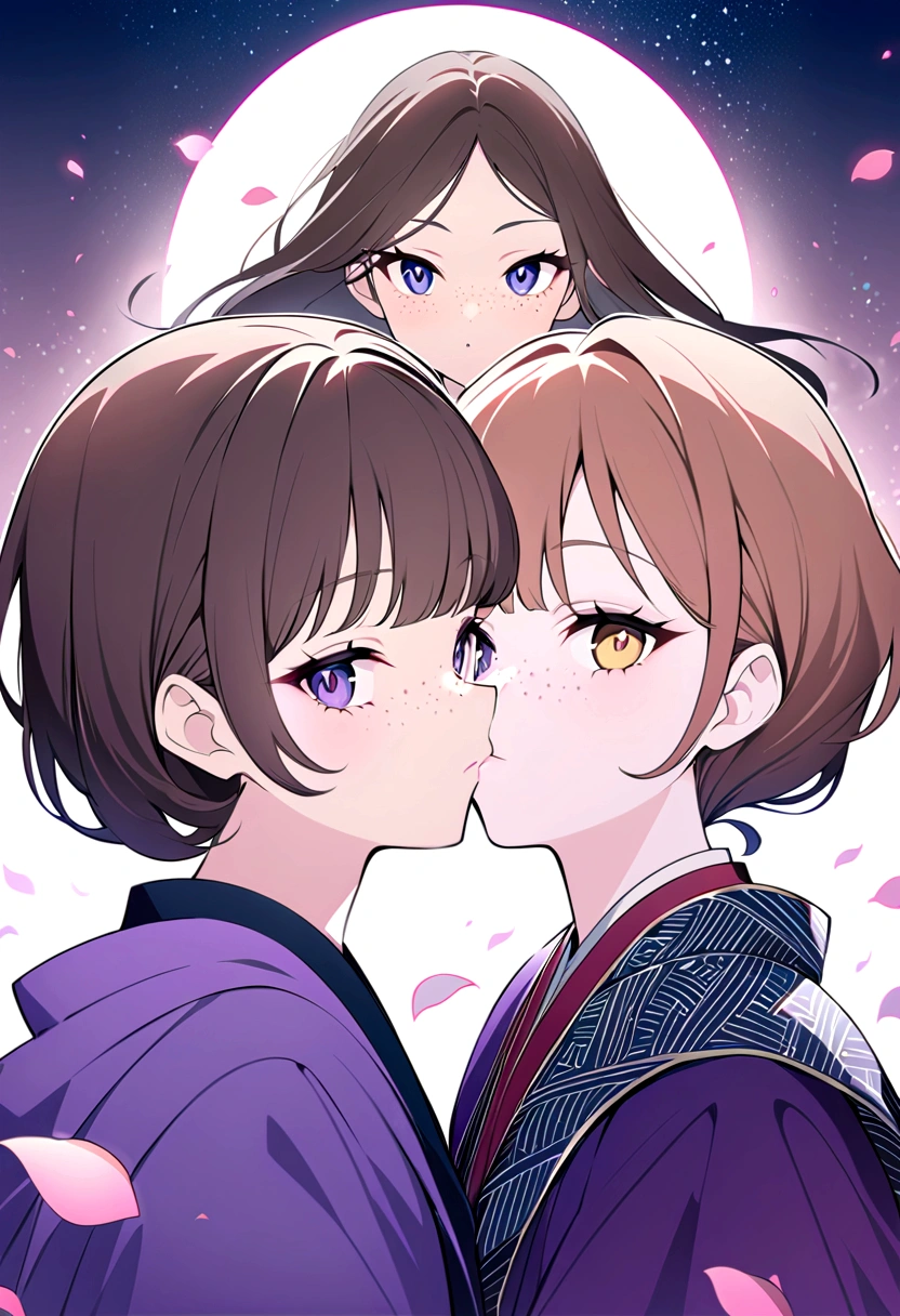 beautiful anime girls, two girls kissing, short wavy brown hair, freckles. Dark purple robes, long skirt, petals, samurai, dark eyelashes, perfect eyes, perfect face, intricate, intricate details, epic, character portrait, cinematic portrait, anime, anime art