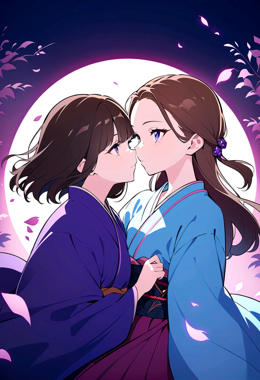 beautiful anime girls, two girls kissing, short wavy brown hair, freckles. Dark purple robes, long skirt, petals, samurai, dark eyelashes, perfect eyes, perfect face, intricate, intricate details, epic, character portrait, cinematic portrait, anime, anime art