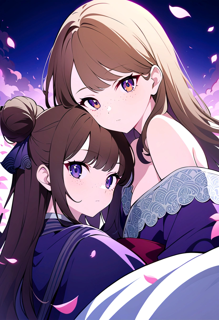 beautiful anime girls, two girls kissing, short wavy brown hair, freckles. Dark purple robes, long skirt, petals, samurai, dark eyelashes, perfect eyes, perfect face, intricate, intricate details, epic, character portrait, cinematic portrait, anime, anime art