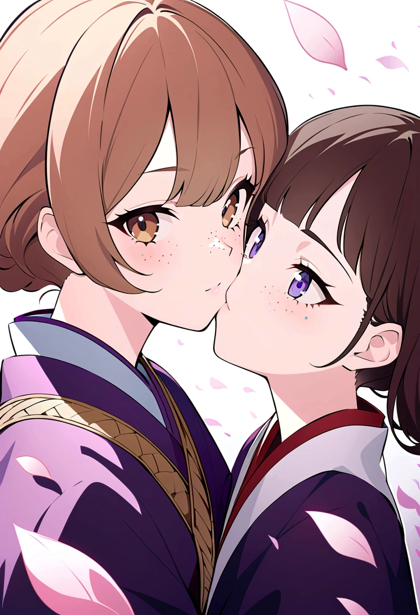 beautiful anime girls, two girls kissing, short wavy brown hair, freckles. Dark purple robes, long skirt, petals, samurai, dark eyelashes, perfect eyes, perfect face, intricate, intricate details, epic, character portrait, cinematic portrait, anime, anime art