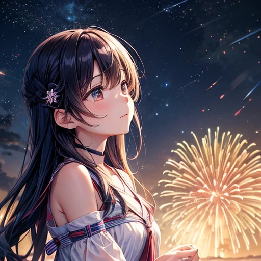 In the summer night sky、Colorful fireworks burst into flames。浴衣を着たYoung people女、shoulder to shoulder、Looking up at that beautiful light。Young people'The yukata is navy blue.、Decorated with golden fireworks。woman'The yukata is white.、Decorated with pink cherry blossoms。Young people、womanを優しく抱きしめる'hand of、Watching fireworks sparkle in the night sky。The Woman'cheek、Dyed red by fireworks。two、We feel a deep affection for each other。The Woman'The hair color is brown
