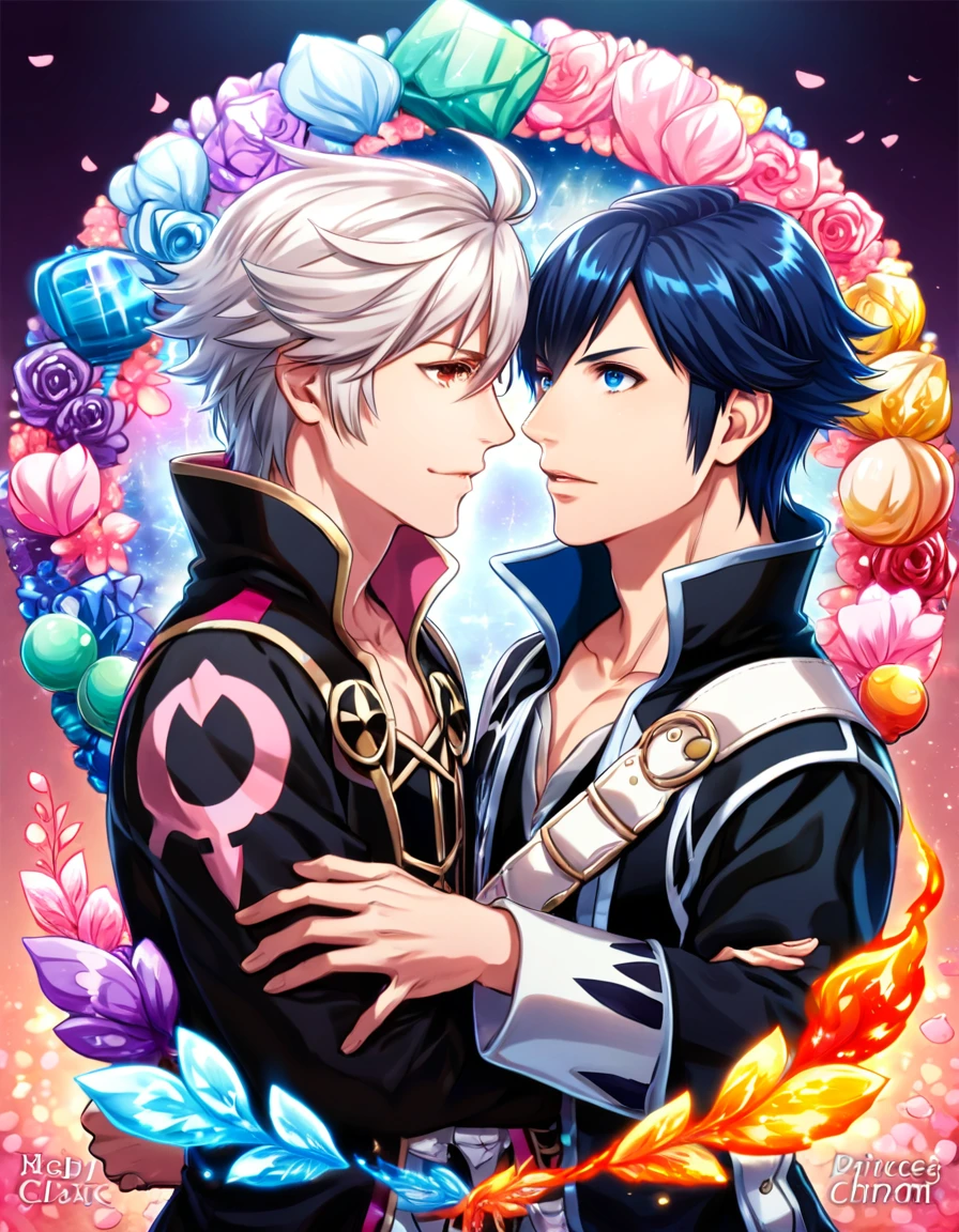 absurdres, highres, ultra detailed, HDR, master piece, best quality, Robin, white hair, expressive brown eyes, fire emblem awakening, Chrom, dark blue hair, expressive blue eyes, two sexy men together, yaoi, gay couple, handsome, black tunic, prince clothes, magical, fantasy, shining, pink flowers, pink blossoms, pink butterflies, pink petals, water