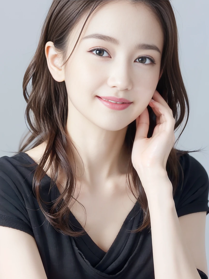 (Highest quality、Tabletop、8k、Best image quality、Award-winning works)、One beautiful woman、Beautiful and elegant wavy long hair、Beautiful black hair、(alone:1.2)、(Perfect colorful V-neck short sleeve knit:1.4)、(The simplest black background:1.4)、とてもBig Breasts、Accentuate your body lines、Beautiful and exquisite、look at me、(Perfect Makeup:1.1)、Bright lipstick、Ultra-high definition beauty face、Ultra HD Hair、Ultra HD Shining Eyes、Ultra High Resolution Perfect Teeth、Super high quality glossy lip、Accurate anatomy、Very beautiful skin、Glowing skin in ultra-high resolution、An elegant upright posture when viewed from the front、(very bright and vivid:1.3)、(Slender body:1.2)、(Cleavage:1.2)、(Big Breasts:1.2)、Shiny, Bright lipstick、(Face close-up:1.2)、(58-year-old:1.4)、(Wrinkled adult face:1.5)、(Randomly oriented body)、(West Shot)、
