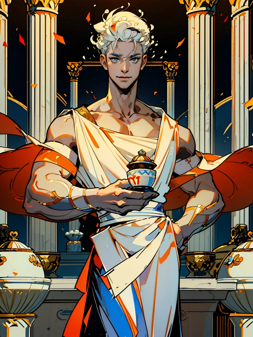 1boy, alone, 25 years old, young, white hair, blue eyes, insister sur les reflets des yeux bleus, cheveux blancs, mid lenght hair, bowl haircut, bowl hair cut, boss, formal business outfit, white outfit, white clothes, raising an eyebrow, smiling, hades style, hades game, Jen zee style, greek themed image, greek background, hypnos, tartarus scenery, fumes, greek columns in background, lots of columns, greek architecture, white themed image, white furniture, orange touches of color, orange walls, looking at viewer, urn of value hades game wiki obols, hades, game, wiki, obols