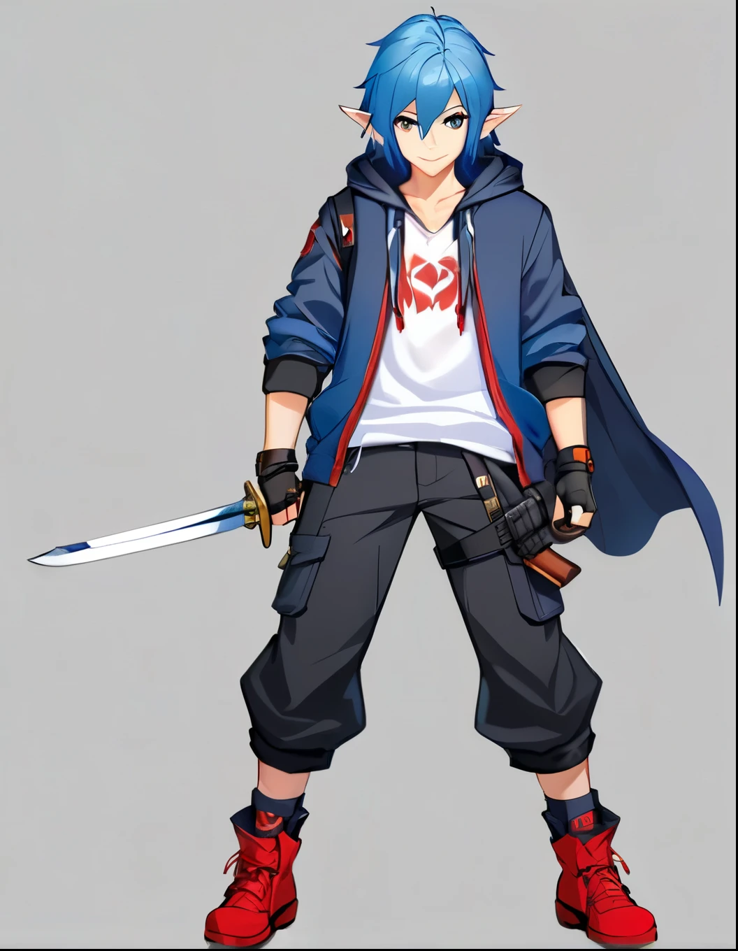 solo, smile, simple background, shirt, gloves, 1boy, holding, blue hair, weapon, male focus, shoes, shorts, pointy ears, pants, hood, fingerless gloves, gun, hoodie, gray background, red footwear, sword White