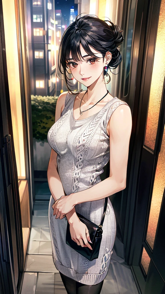 (masterpiece:1.3, Highest quality, Ultra-high resolution, Super detailed), (Realistic, photoRealistic:1.4), Beautiful illustrations, Perfect lighting, colorful, Depth of written boundary, 
Beautiful detailed hair, Beautifully detailed face, Beautiful fine details, Beautiful clavicle, Beautiful body, 美しいLarge Breasts, Beautiful thighs, Beautiful feet, Beautiful fingers, 
View Viewer、Front view:0.6, Beauty1人, Japanese, Beauty、30 years old, Perfect Face, (Perfect Anatomy, Anatomically correct), Cute and symmetrical face, Baby Face, , Shiny skin, 
((long、Knit dress:1.4)),(pumps:1.4)、(Handbags:1.2)
(Black Hair, Updo Hair:1.4),  Dark brown eyes, Large Breasts, Slim body, 
necklace, Small earrings:1.1, 
(Beautiful views), (night), (city, cityscape in the distance), Standing with good posture, A soft smile、(Smile, Lips parted), 