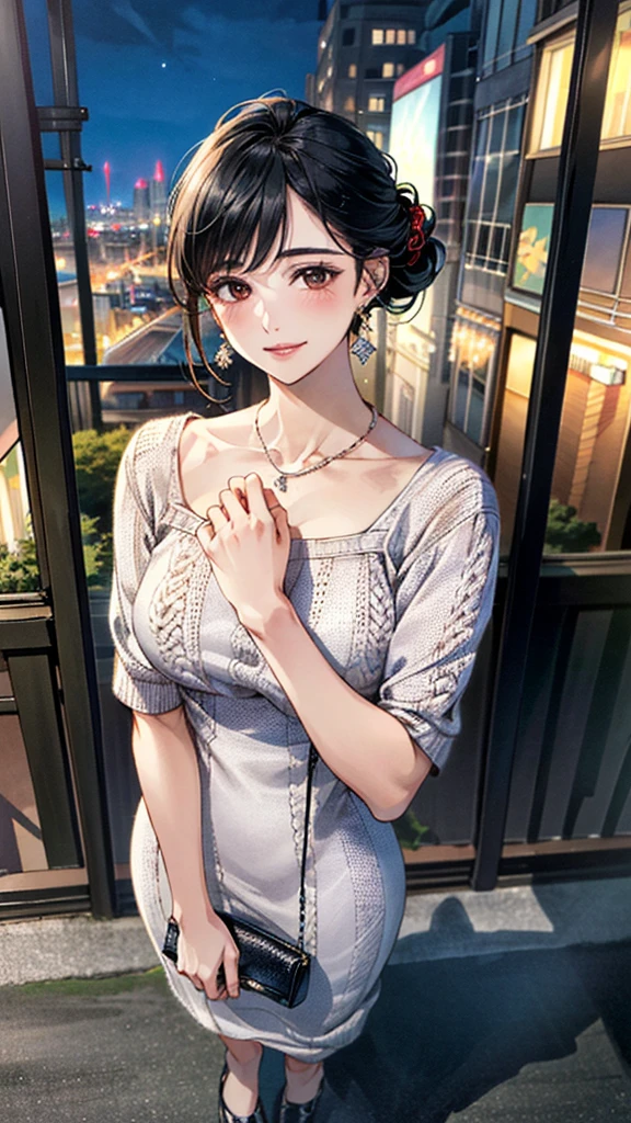 (masterpiece:1.3, Highest quality, Ultra-high resolution, Super detailed), (Realistic, photoRealistic:1.4), Beautiful illustrations, Perfect lighting, colorful, Depth of written boundary, 
Beautiful detailed hair, Beautifully detailed face, Beautiful fine details, Beautiful clavicle, Beautiful body, 美しいLarge Breasts, Beautiful thighs, Beautiful feet, Beautiful fingers, 
View Viewer、Front view:0.6, Beauty1人, Japanese, Beauty、30 years old, Perfect Face, (Perfect Anatomy, Anatomically correct), Cute and symmetrical face, Baby Face, , Shiny skin, 
((long、Knit dress:1.4)),(pumps:1.4)、(Handbags:1.2)
(Black Hair, Updo Hair:1.4),  Dark brown eyes, Large Breasts, Slim body, 
necklace, Small earrings:1.1, 
(Beautiful views), (night), (city, cityscape in the distance), Standing with good posture, A soft smile、(Smile, Lips parted), 
