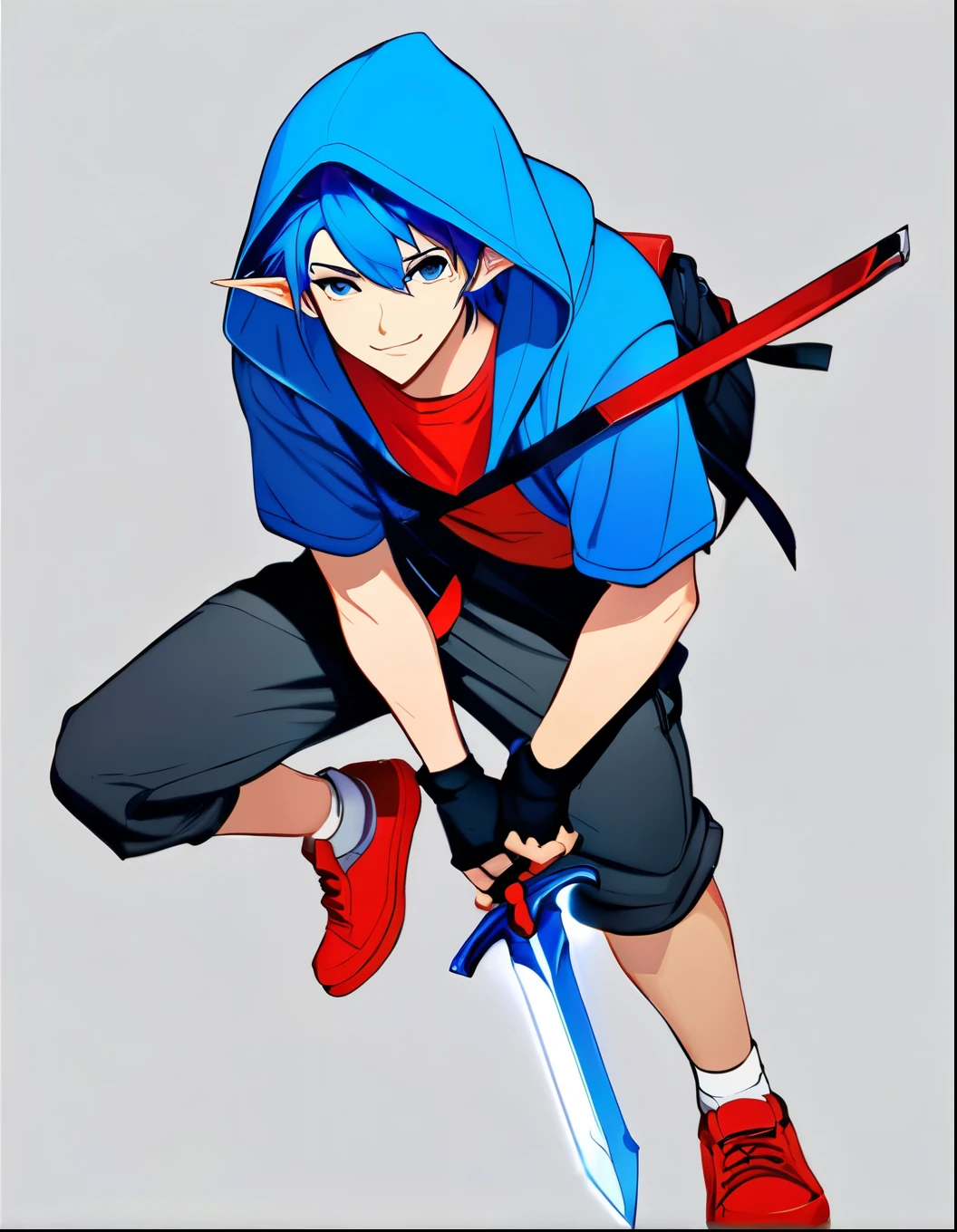solo, smile, simple background, shirt, gloves, 1boy, holding, blue hair, weapon, male focus, shoes, shorts, pointy ears, pants, hood, fingerless gloves, gun, hoodie, gray background, red footwear, sword White