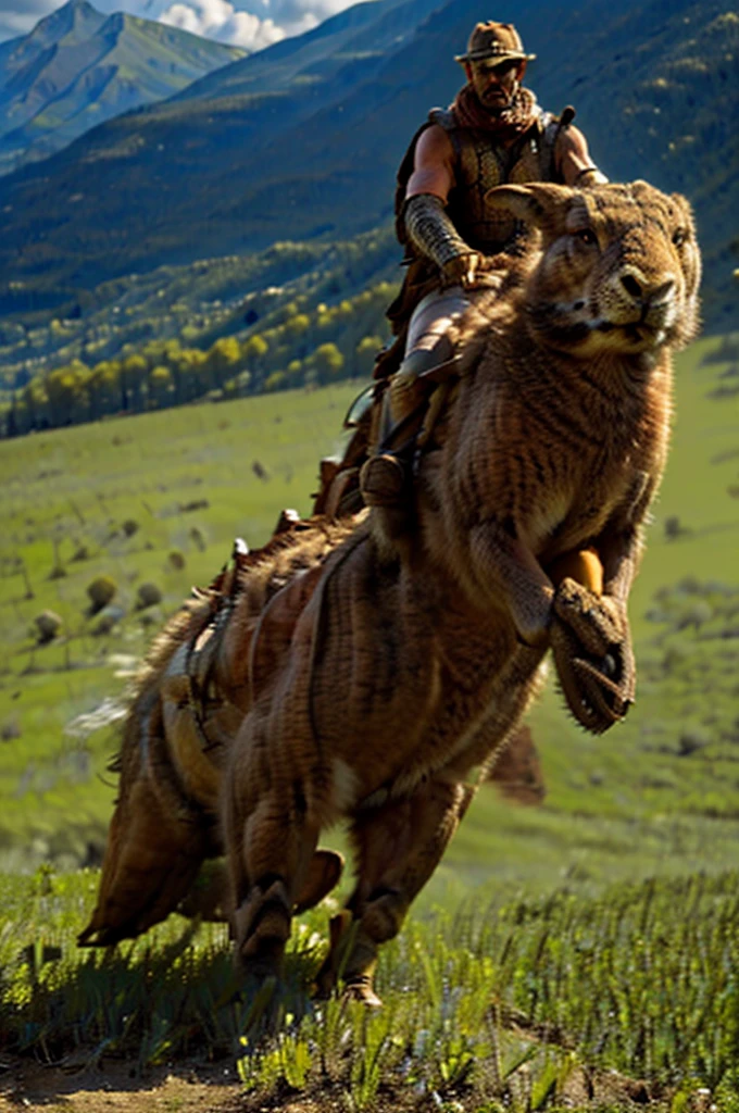 an anthropomorphic gray and brown rabbit dressed in leather skins riding a wildmount raptor in a field, masterpiece, best, photo realistic