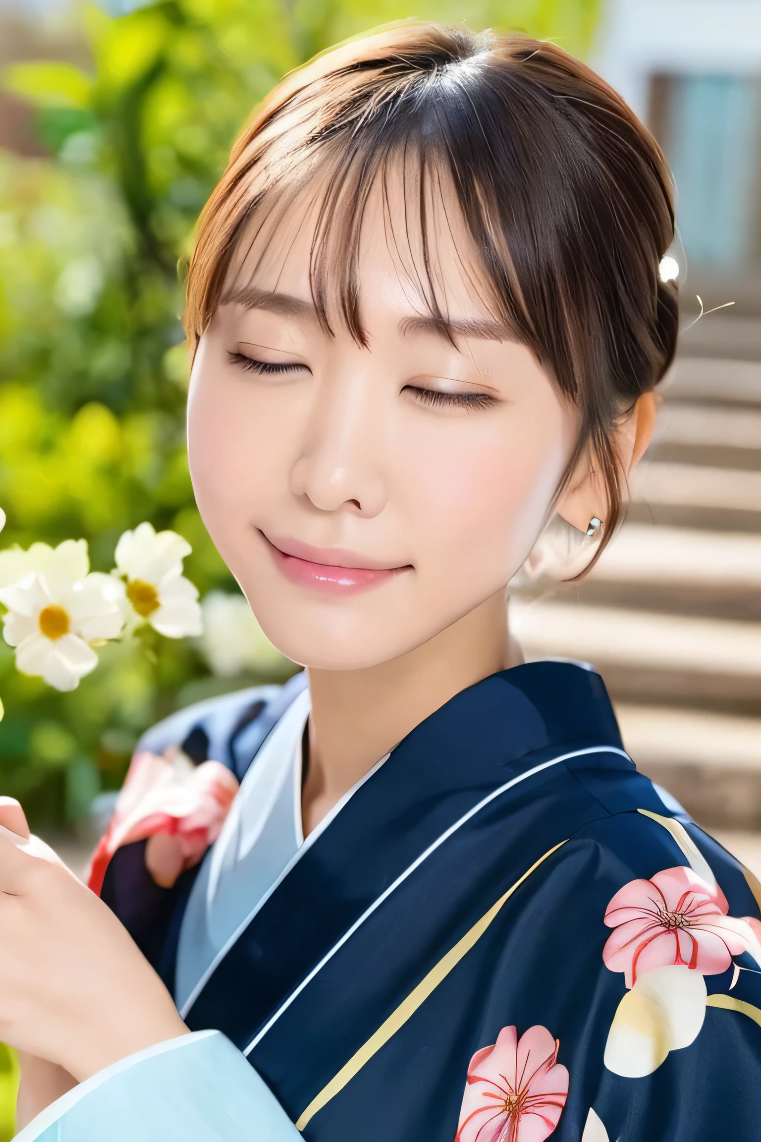 (masterpiece:1.3), high resolution, ultra detailed, extremely detailed CG unity 8k wallpaper, realistic, photo-realistic, RAW photo, beautiful detailed face, pale skin, realistic glistening skin, detailed cloth texture, detailed hair texture, Perfect body, Beautiful Face, accurate, Anatomically correct, Highly detailed face and skin texture, natural neck length, (beautiful hands), (fair skin:1.2), Thin legs, Thin feet, (well-aligned teeth:1.1), sweaty skin, 
BREAK, 
Detailed eyes, symmetric eyes, Light Brown eyes, Double eyelids, Thin eyebrows, (moist eyes:1.2), (Glossy lips:1.4), (Closed eyes:1.3), (blush:1.2), (A sparkling small hair accessory:1.1), 
BREAK, 
(A classy girl:1.3), (Wearing (a navy yukata:1.2) with white flower patterns), 
BREAK, 
((Close up shot:1.3)), 
medium breasts, slender figure, firm abs, 
((updo hairstyle, Dark blonde hair, wavy hair, long hair, asymmetric bangs:1.2)), 
BREAK, 
((Standing on the Stairs with leaning on me from below:1.2)), ((Countless colorfully fireworks are bursting in the night sky behind in riverside terrace:1.2)),