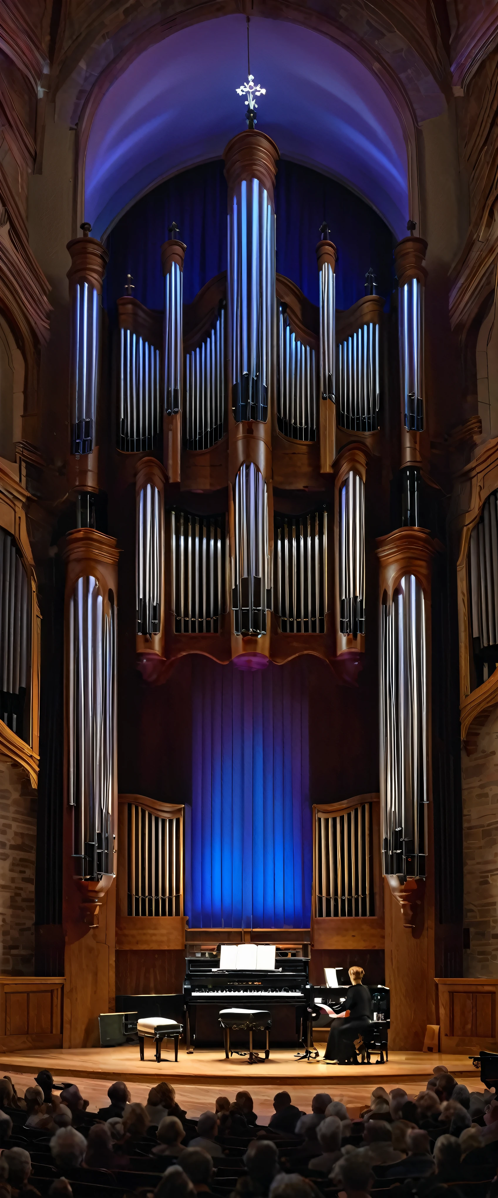 image:8K ultra-high resolution、The solemn and sacred atmosphere of the pipe organ concert ELP Live(masterpiece、Meticulous craftsmanship、Good handling of light、Splendor、Detailed background design、Powerful、The film falls) Emily Lee Pett(Emily Lynne Petter)In the scene of the pipe organ concert with piano,、 Church in Elizabethtown, Pennsylvania