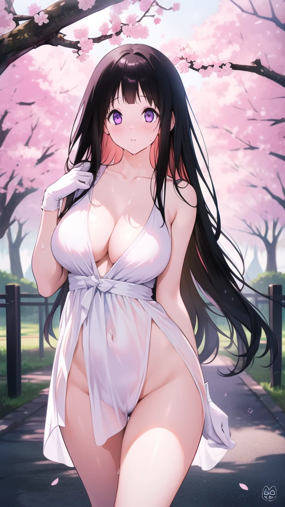 Amazing Chitanda, There is only one beautiful girl,Purple Eyes, Black Hair, Very red face,Very white skin,Glowing skin,Skin as delicate as porcelain,Naturally straight hair, Straight bangs,Extremely refined,Open lips,Long flowing hair,Beautiful Girl, Like a dream,Slim,Slim waist,Soft, (Sensual), (Kawaii), Dream quality,Beautiful big breasts,Transparent loose dress,Areola,Completely naked,White gloves,Flower decoration,Deep V neckline,Loose neckline,Wide neckline,Walking in school,Place your hands on your inner thighs,Thighs clamp hands,Wet skin,Sweaty and sweaty,Underwear Rain,Next to the cherry blossom trees,Back to,Lean over,Hips,Side body,Gluteal groove,Completely naked的臀部,Bare back,Completely naked的背部,Light transmission,(no pants),nopan,pussy juice,Bare shoulders,Bare neck,Exposed collarbone,Exposing breasts,Exposing breasts侧面,Exposing breasts下面,Show your waist,Show your buttocks,Show your thighs,Exposing the groin,(No pants),extremely shy,Ultra-high resolution, (masterpiece:1.2, best quality), (Delicate and beautiful eyes: 1.2), (Beautiful and delicate face)