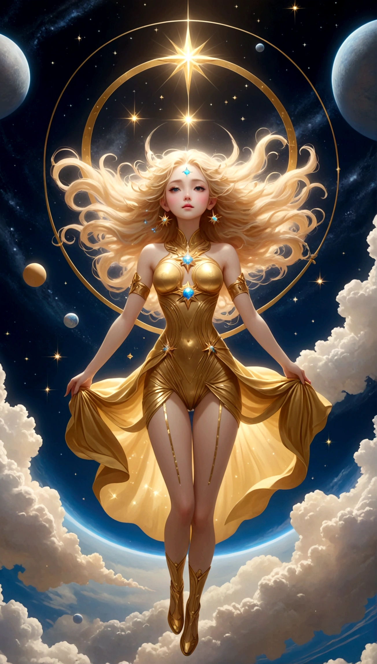 (masterpiece、highest quality、High resolution、8k)、Alone in space、Greek Goddess、Standing posture、whole body、Super beautiful、(Floating in the sky like a star、Floating、Floating)、金色の光がwhole bodyを包んでいる、whole bodyが光の中にある、