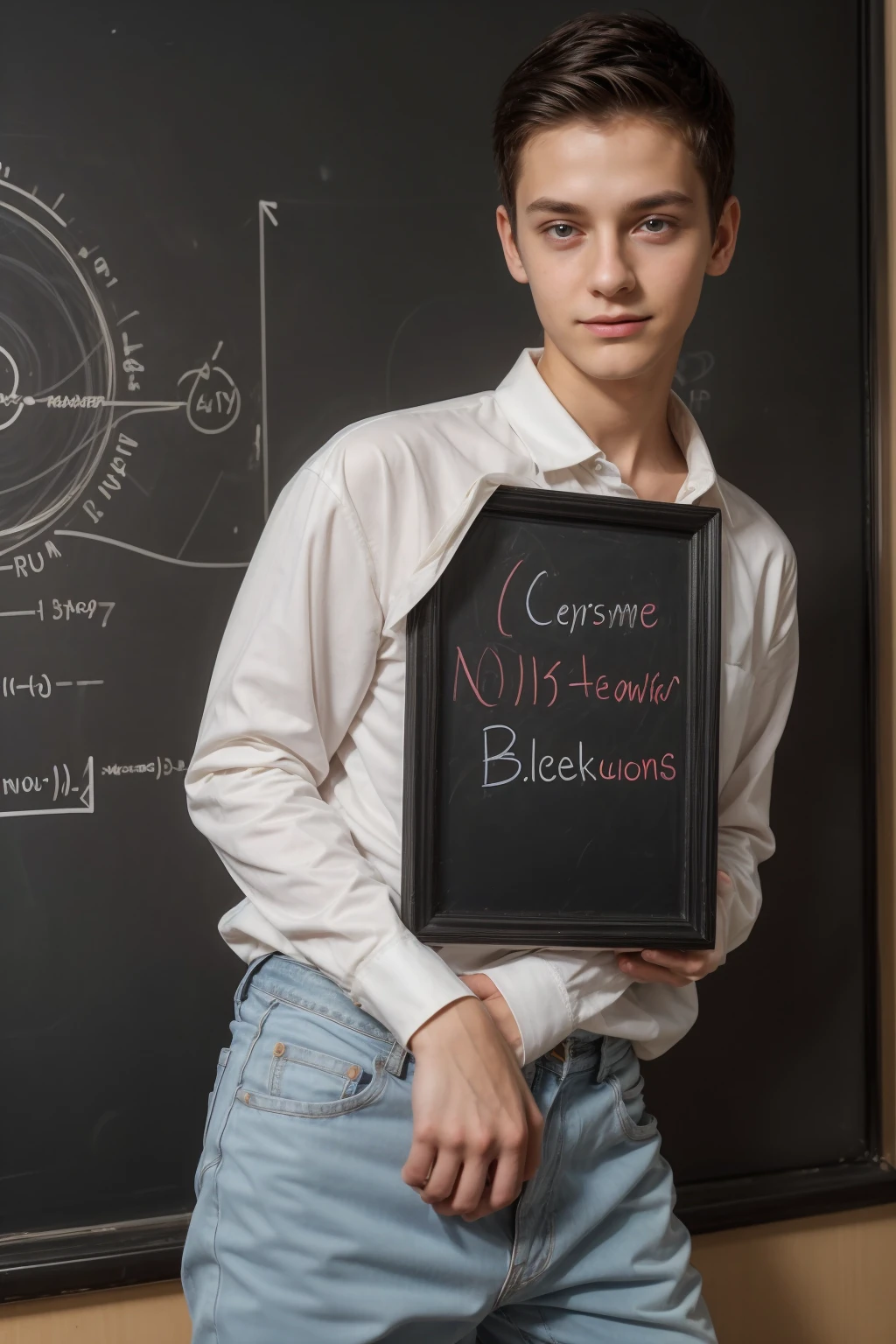 A young, cute, beautiful male twink with black hair, wearing a luxurious white long-sleeved shirt and jeans. He is in his office, and behind him is a blackboard with calculus written on it. Neon energy and a mind map come out of the blackboard. He looks on proudly, and his eyes have dark circles underneath them.