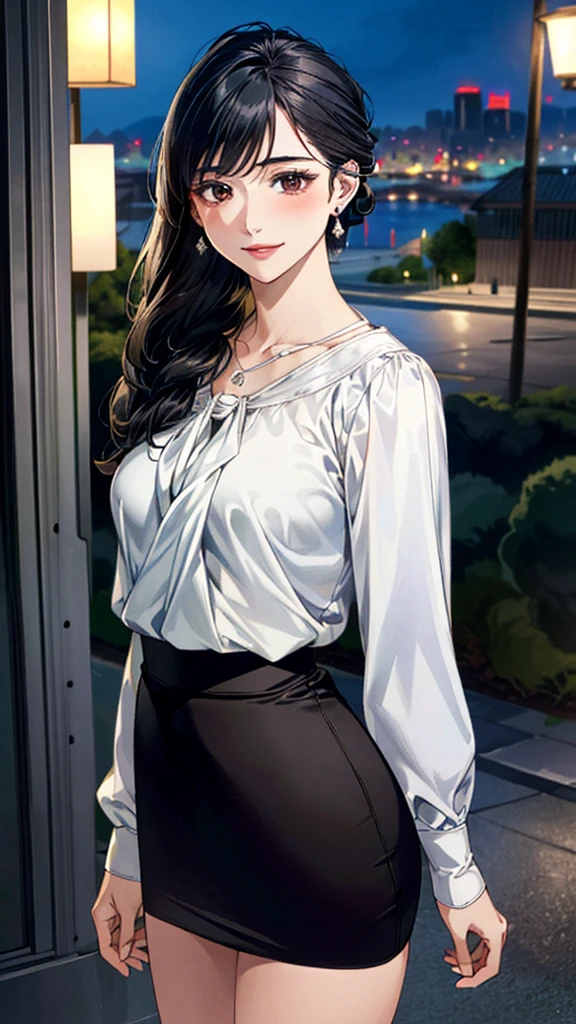 (masterpiece:1.3, Highest quality, Ultra-high resolution, Super detailed), (Realistic, photoRealistic:1.4), Beautiful illustrations, Perfect lighting, colorful, Depth of written boundary,
Beautiful detailed hair, Beautifully detailed face, Beautiful fine details, Beautiful clavicle, Beautiful body, 美しいLarge Breasts, Beautiful thighs, Beautiful feet, Beautiful fingers,
View Viewer、Front view:0.6, Beauty1人, Japanese, Beauty、30 years old, Perfect Face, (Perfect Anatomy, Anatomically correct), Cute and symmetrical face, Baby Face, , Shiny skin,
((Long sleeve blouse:1.4)),((long、Wraparound skirt:1.5))
(Black Hair, Updo Hair:1.4), Dark brown eyes, (Large Breasts), Slim body,
necklace, Small earrings:1.1,
(Beautiful views), (night), (city, cityscape in the distance), Standing with good posture, A soft smile、(Smile, Lips parted),